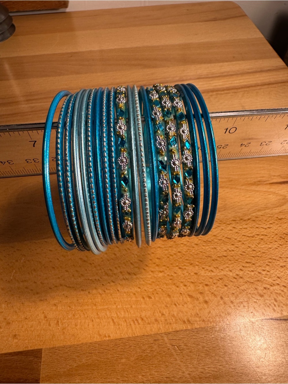 Turquoise Blue Beaded and Rhinestone Bangle Bracelet Set - Women Jewelry